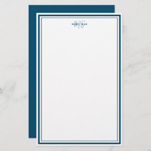 Teal Blue Minimalist Simple Monogram Two Border Stationery