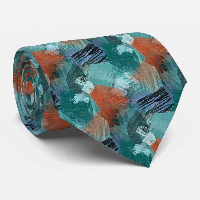 Teal Blue Mint Green Orange Abstract Art Tie (Rolled)