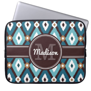 Teal Blue / Mocha Brown Boho Ikat Diamond Pattern Laptop Sleeve