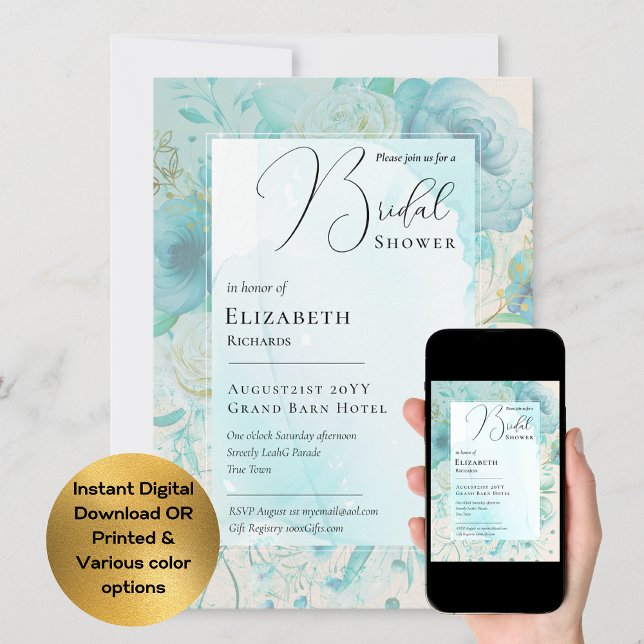 Teal Blue Modern Bridal Shower Print or Digital In Invitation (Creator Uploaded)