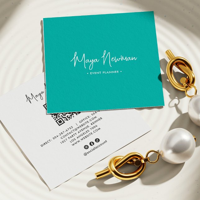 TEAL BLUE  Modern CHIC Minimal QR Code  Square Business Card (Creator Uploaded)