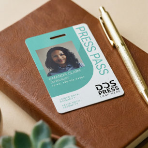 Teal Blue Modern & Minimal Press Pass Photo ID Badge