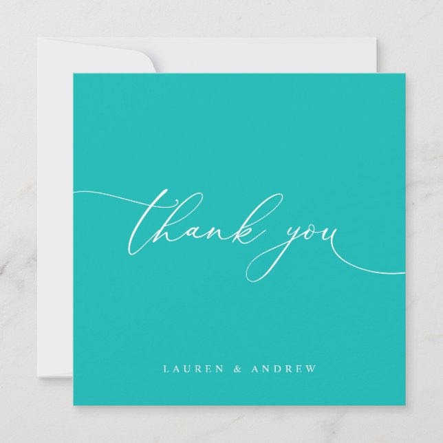 Teal Blue Modern Minimalist Wedding Thank You Card (Front)