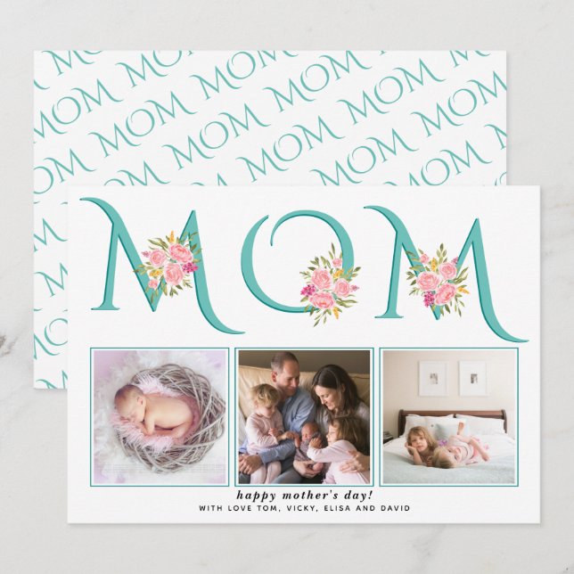 Teal blue MOM typography photo Mothers Day Holiday Card (Front/Back)