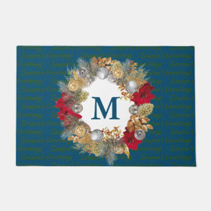 Teal Blue MONOGRAM Christmas Wreath Doormat