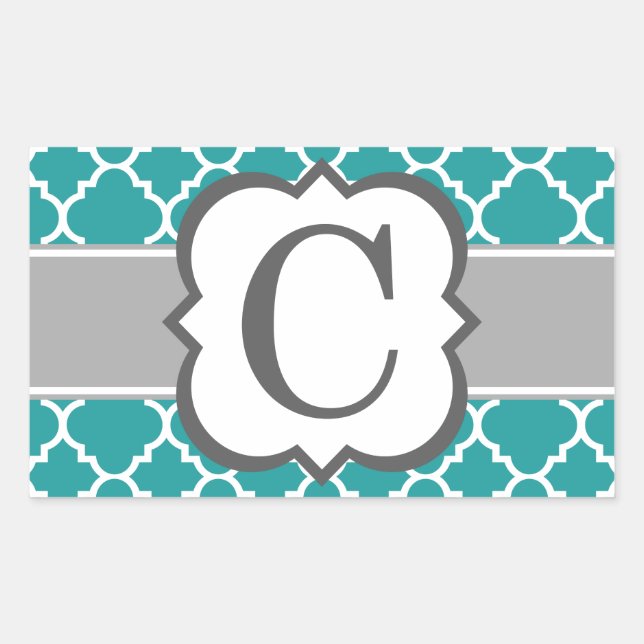 Teal Blue Monogram Letter C Quatrefoil Rectangular Sticker (Front)
