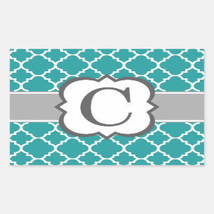 Teal Blue Monogram Letter C Quatrefoil Rectangular Sticker