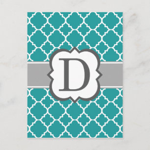 Teal Blue Monogram Letter D Quatrefoil Postcard