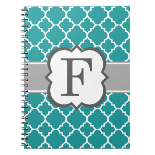 Teal Blue Monogram Letter F Quatrefoil Notebook