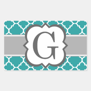 Teal Blue Monogram Letter G Quatrefoil Rectangular Sticker