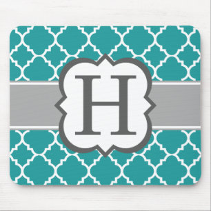 Teal Blue Monogram Letter H Quatrefoil Mouse Mat
