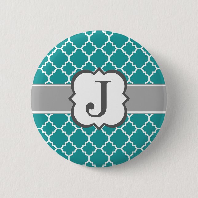 Teal Blue Monogram Letter J Quatrefoil 6 Cm Round Badge (Front)