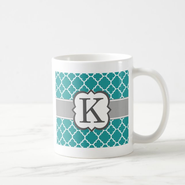 Teal Blue Monogram Letter K Quatrefoil Coffee Mug (Right)