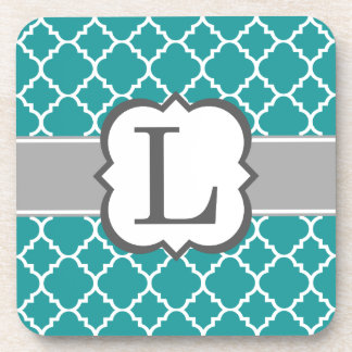 Teal Blue Monogram Letter L Quatrefoil Coaster