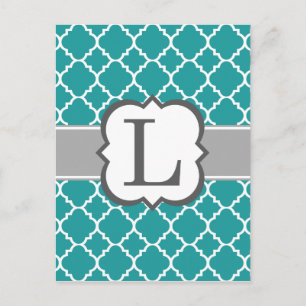 Teal Blue Monogram Letter L Quatrefoil Postcard