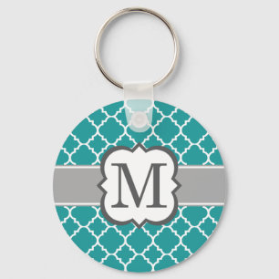 Teal Blue Monogram Letter M Quatrefoil Key Ring