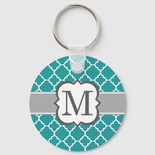 Teal Blue Monogram Letter M Quatrefoil Key Ring (Front)