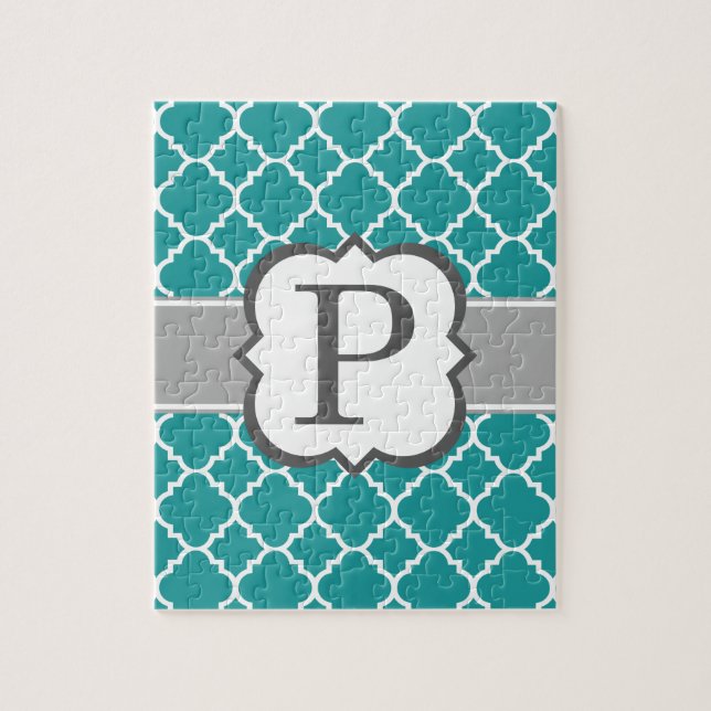 Teal Blue Monogram Letter P Quatrefoil Jigsaw Puzzle (Vertical)