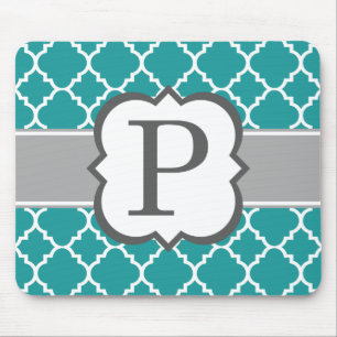 Teal Blue Monogram Letter P Quatrefoil Mouse Mat