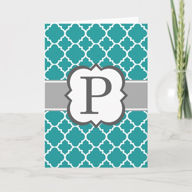 Teal Blue Monogram Letter P Quatrefoil Note Card (Front)