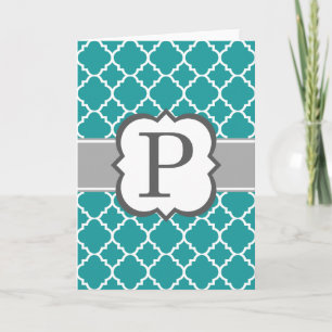 Teal Blue Monogram Letter P Quatrefoil Note Card