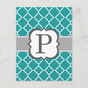 Teal Blue Monogram Letter P Quatrefoil Postcard