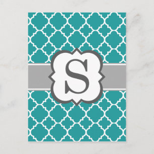 Teal Blue Monogram Letter S Quatrefoil Postcard