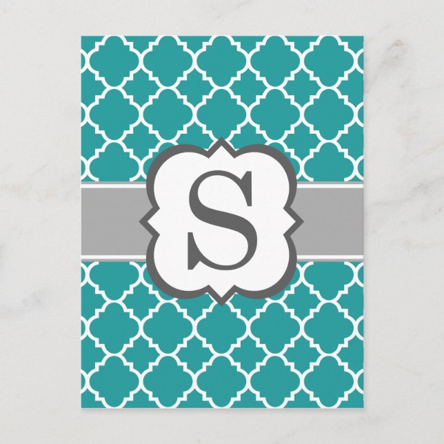 Teal Blue Monogram Letter S Quatrefoil Postcard (Front)