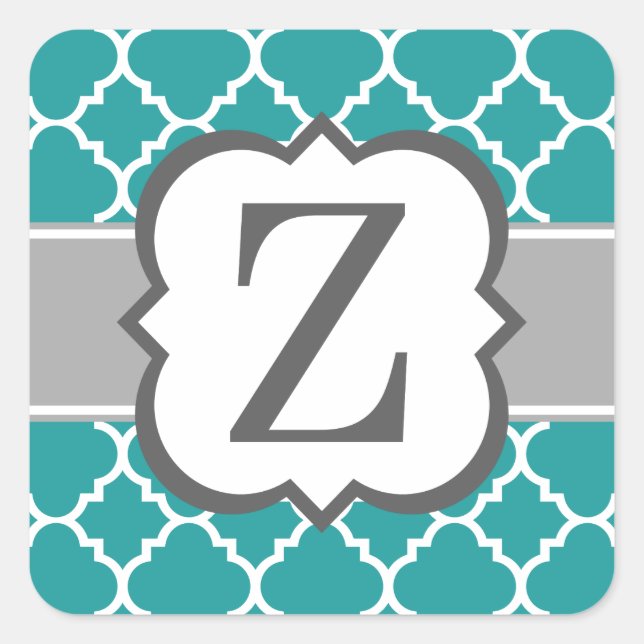 Teal Blue Monogram Letter Z Quatrefoil Square Sticker (Front)