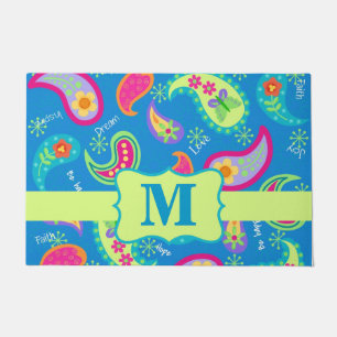 Teal Blue Monogram Modern Paisley Pattern Doormat