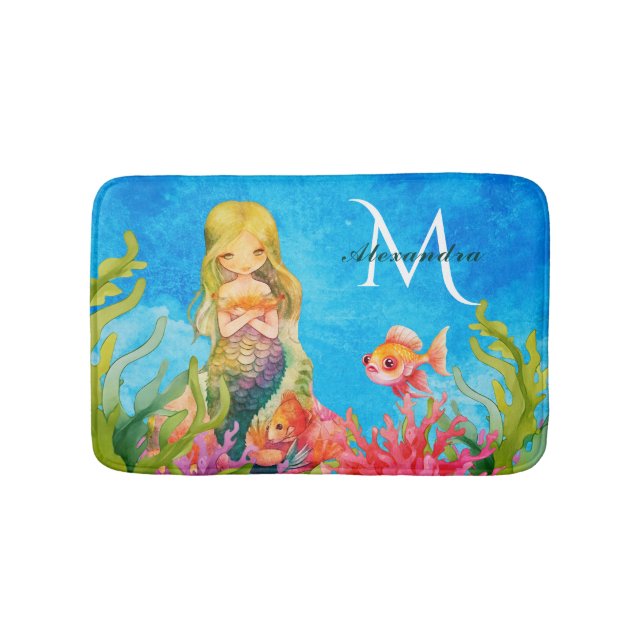 Teal Blue  Monogram Name  Mermaid Bath Mat (Front)