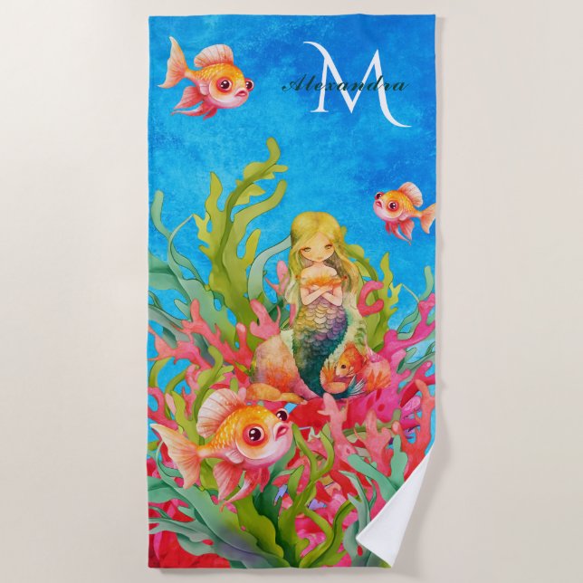 Teal Blue Monogram Name Mermaid Beach Towel (Front)