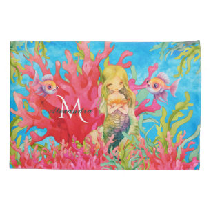 Teal Blue Monogram Name Mermaid Pillowcase