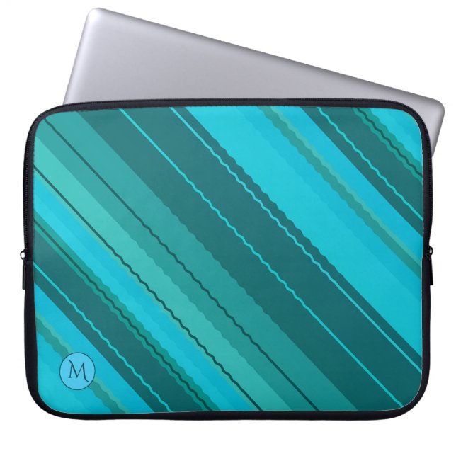 Teal Blue Monogram Striped Laptop Sleeve (Front)