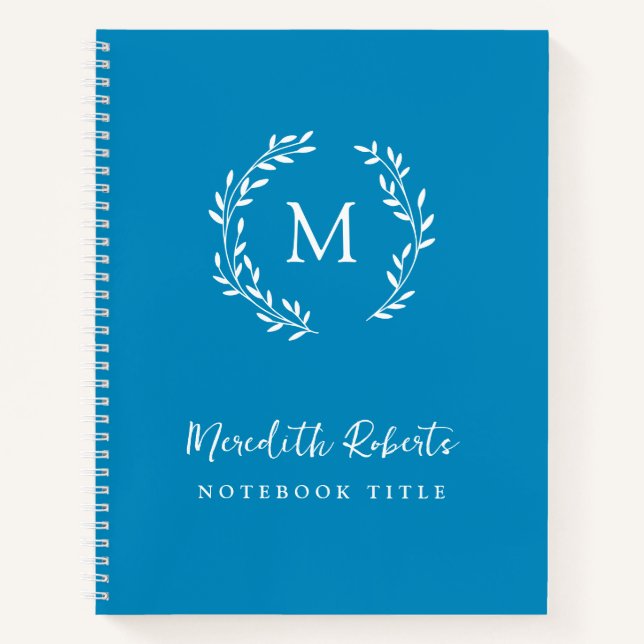 Teal Blue Monogram Wreath Personalised Name Notebook (Front)