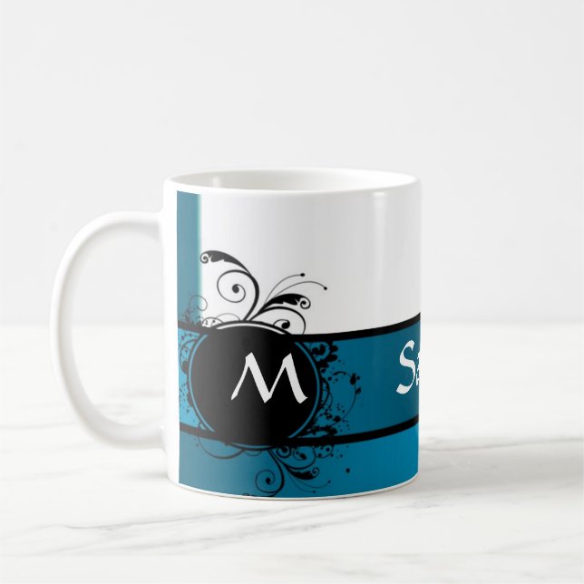 Teal blue monogrammed coffee mug (Left)