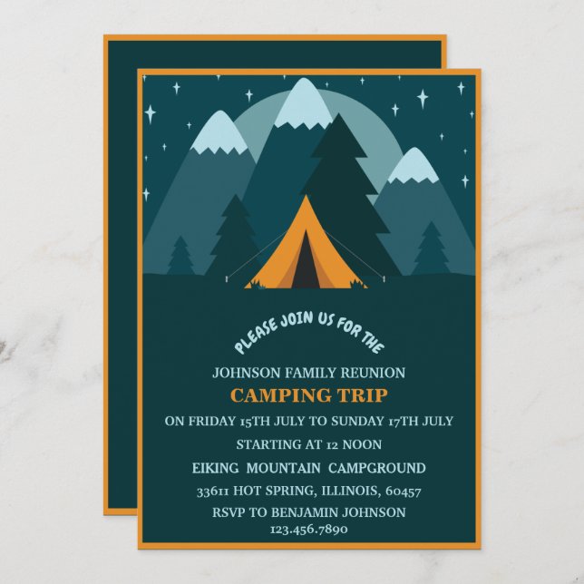 Teal Blue Mountains &Tent Camping Family Reunion Invitation (Front/Back)