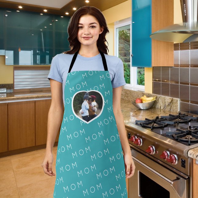 Teal Blue Mum  Modern Script Photo Heart Apron (Creator Uploaded)