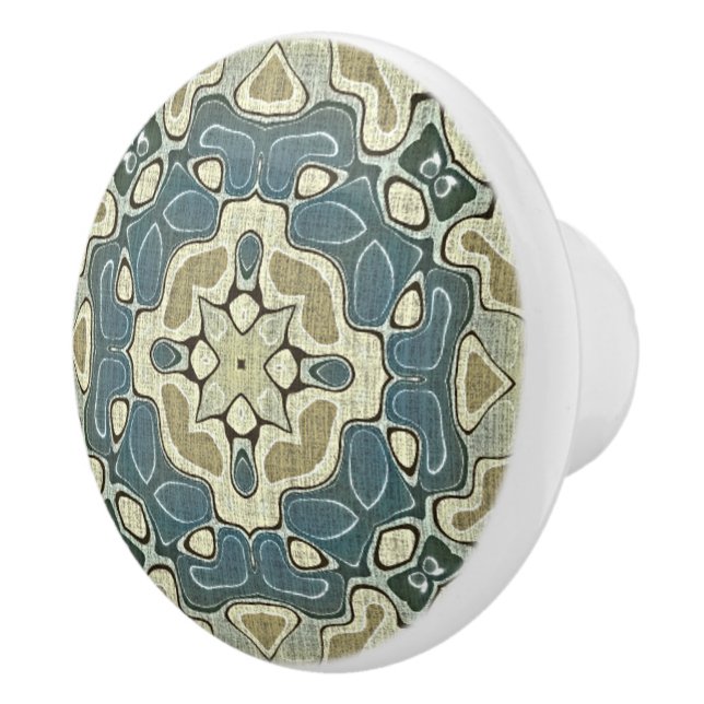 Teal Blue Mustard Green Ochre Ethnic Tribe Art Ceramic Knob (Right)