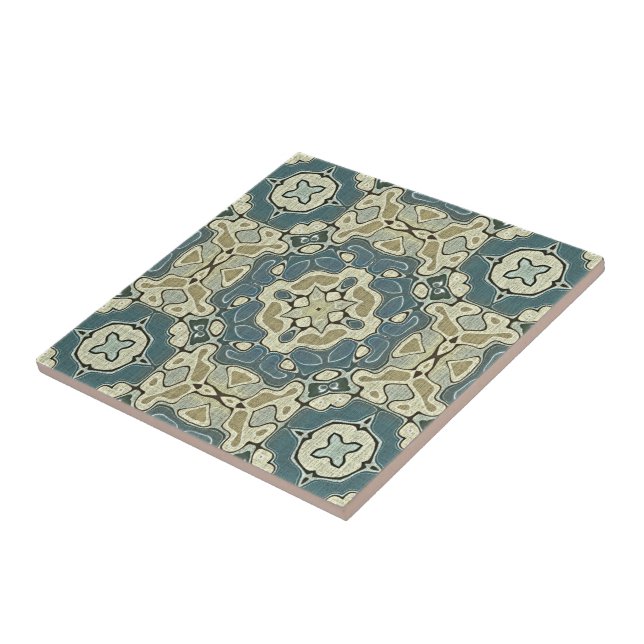 Teal Blue Mustard Green Ochre Ethnic Tribe Art Tile (Side)
