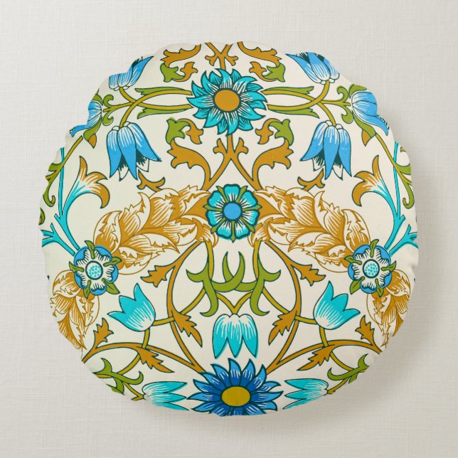 Teal Blue & Mustard William Morris Vine Arts  Round Cushion (Front)