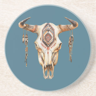Teal Blue Native Tribal Bull Horns Skull Coaster