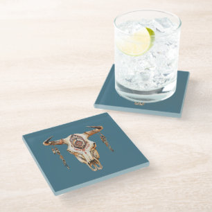 Teal Blue Native Tribal Bull Horns Skull Glass Coaster
