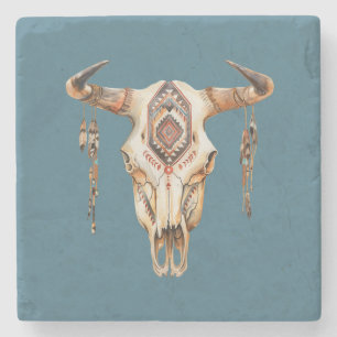 Teal Blue Native Tribal Bull Horns Skull Stone Coaster
