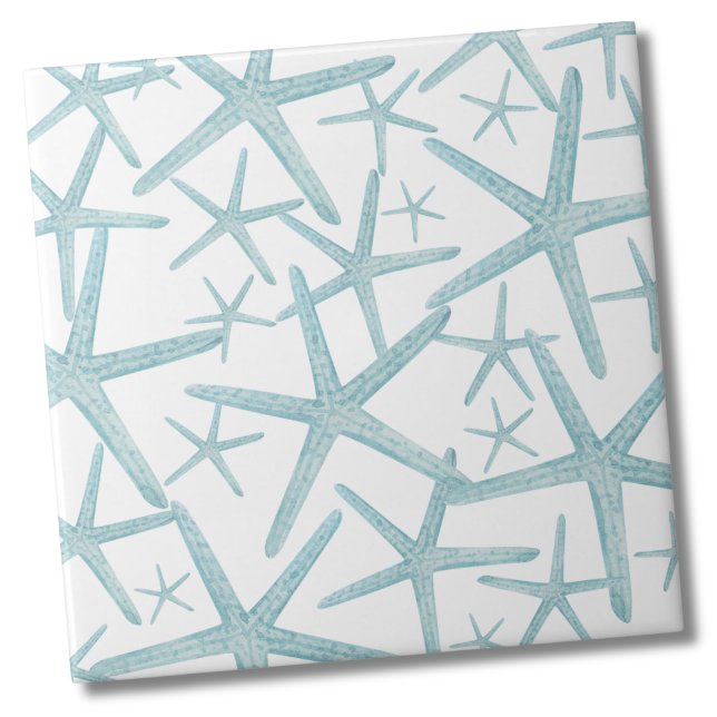 Teal Blue Nautical Beach Pattern Tile (Teal Nautical Starfish Sea Shell Beach Pattern Ceramic Tile)