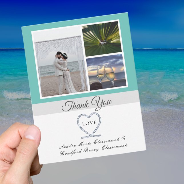 Teal Blue Nautical Heart Anchor Wedding Photo Thank You Card (Creator Uploaded)