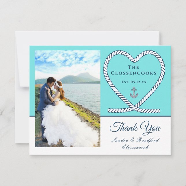 Teal Blue  Nautical rope Heart Anchor Wedding Thank You Card (Front)