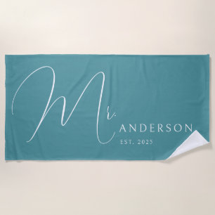 Teal Blue Newlyweds Mr Name Personalised Honeymoon Beach Towel