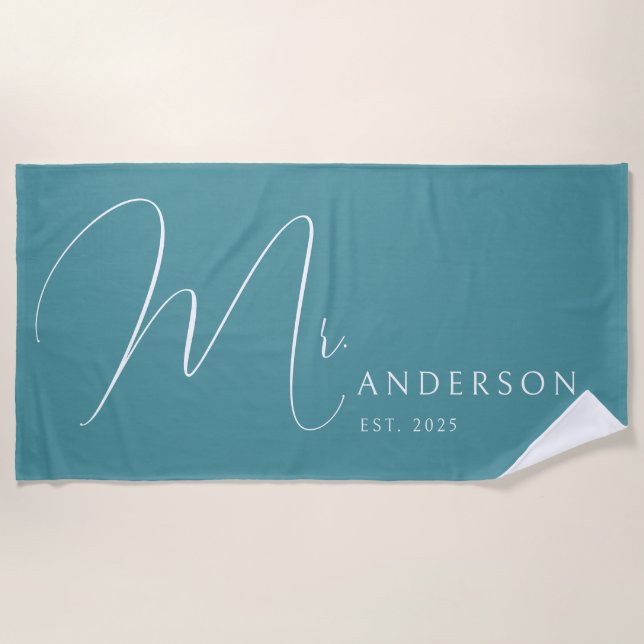 Teal Blue Newlyweds Mr Name Personalised Honeymoon Beach Towel (Front)