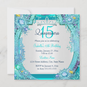 Teal Blue Ocean Gems Quinceanera Birthday Photo Invitation